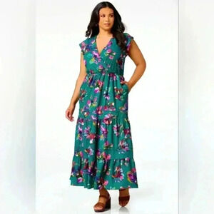 Floral long maxi tiered layers dress Teal purple green